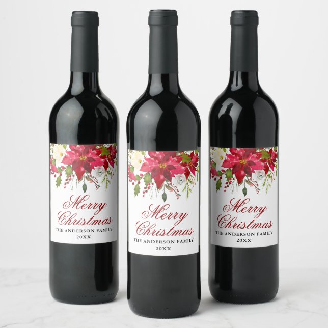 Étiquette Pour Bouteilles De Vin Noël élégant au poinsettia aquarelle (Bouteilles)