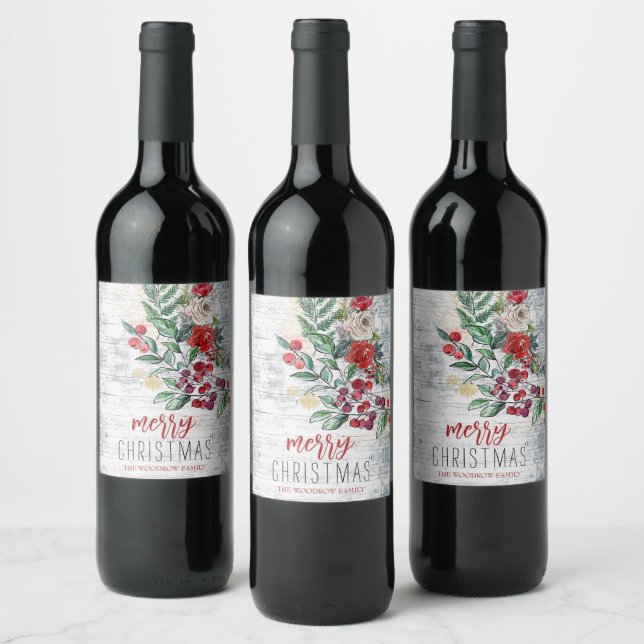 Étiquette Pour Bouteilles De Vin Noël Holly Rustic Wood (Bouteilles)