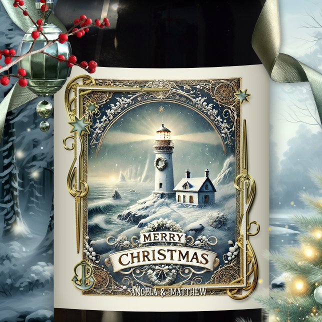 Étiquette Pour Bouteilles De Vin Noël nautique du phare vintage (Vintage Christmas wine label featuring a lighthouse in snow with stars and an anchor - beach house)