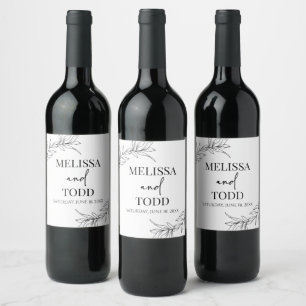 Étiquette Pour Bouteilles De Vin Noir Blanc minimaliste Mariage de la feuille de br