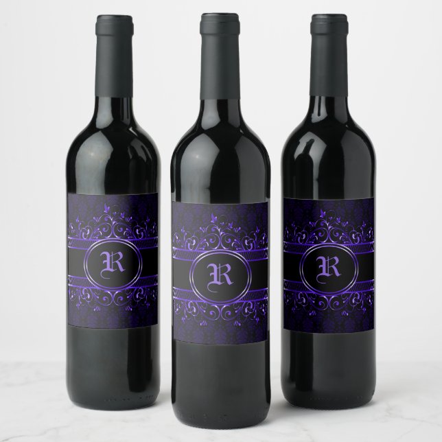 Étiquette Pour Bouteilles De Vin Noir et violet orné gothique monogrammé (Bouteilles)