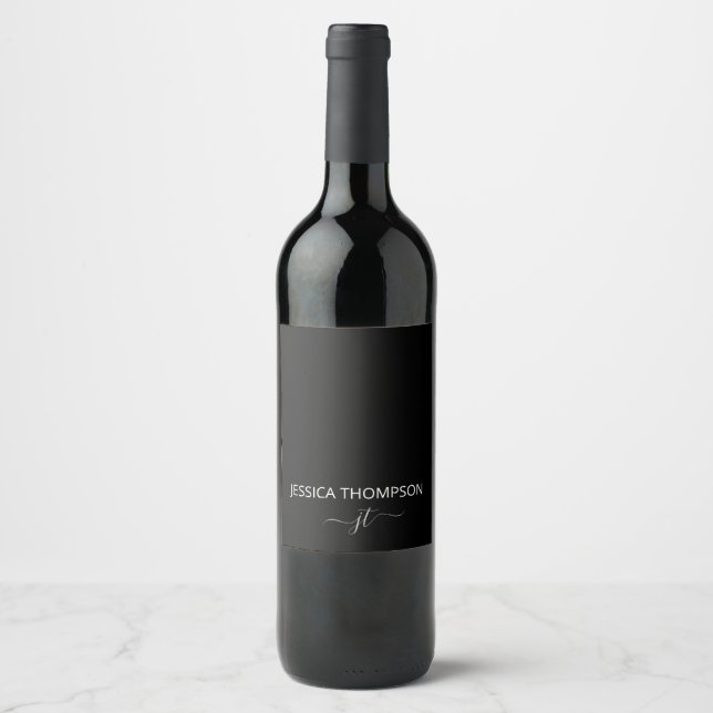Étiquette Pour Bouteilles De Vin Noir moderne Simple Script Girl Monogramme Nom (Devant)