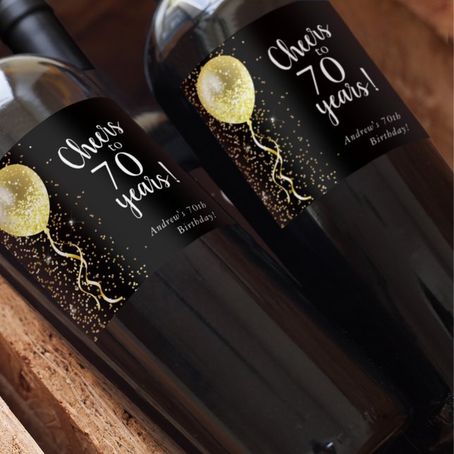 Étiquette Pour Bouteilles De Vin Noir & Or | 70e anniversaire du ballon de Parties  (Créateur téléchargé)