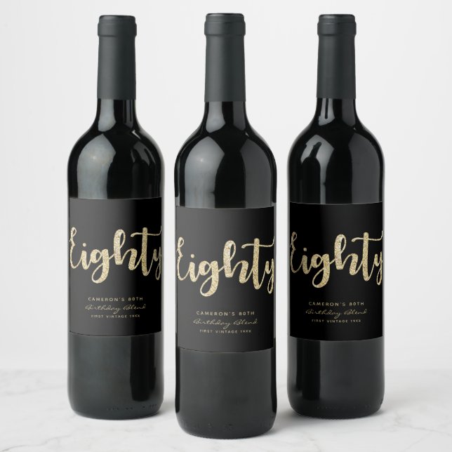 Étiquette Pour Bouteilles De Vin Noir & Or moderne 80e anniversaire Personnalisé (Bouteilles)