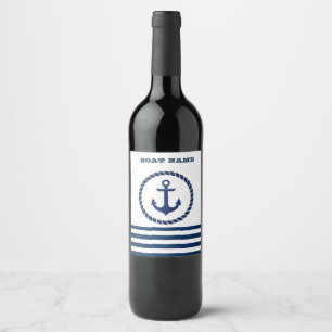 Étiquette Pour Bouteilles De Vin Nom de bateau nautique, ancre bleu marine rayé