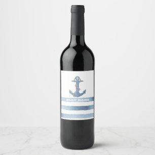 Étiquette Pour Bouteilles De Vin Nom de bateau nautique, Ancre, Corde, Rayures bleu