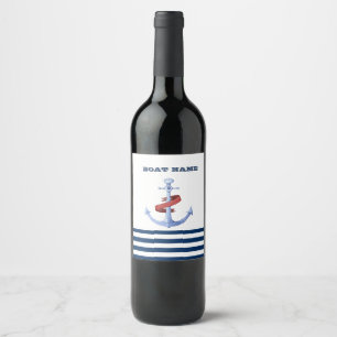 Étiquette Pour Bouteilles De Vin Nom de bateau nautique, bleu ancre rayé bleu marin