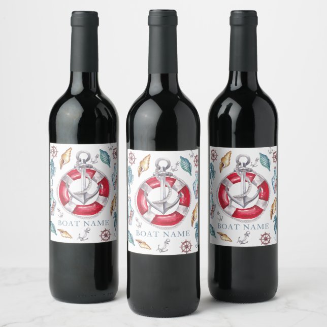 Étiquette Pour Bouteilles De Vin Nom de bateau personnalisé Aquarelle Nautique (Bouteilles)