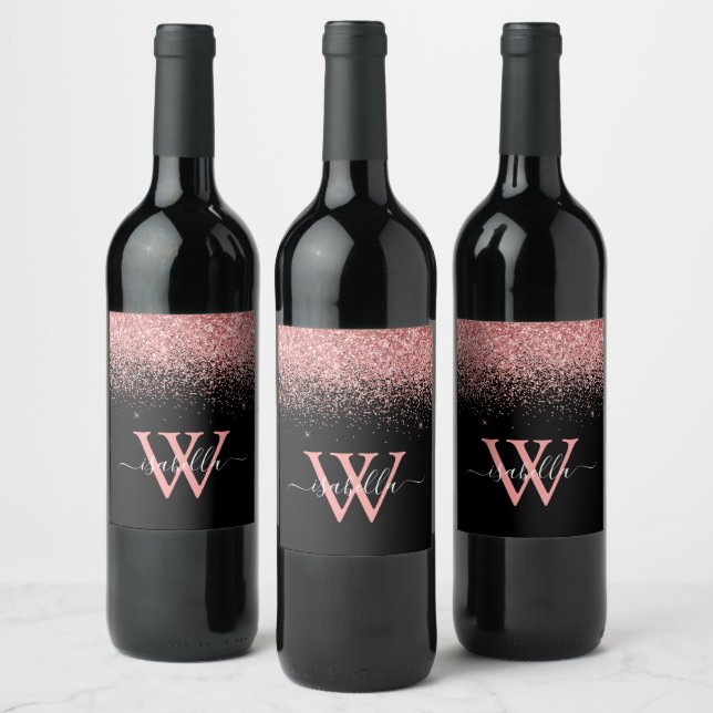 Étiquette Pour Bouteilles De Vin Nom de script élégant en rose monogramme (Bouteilles)