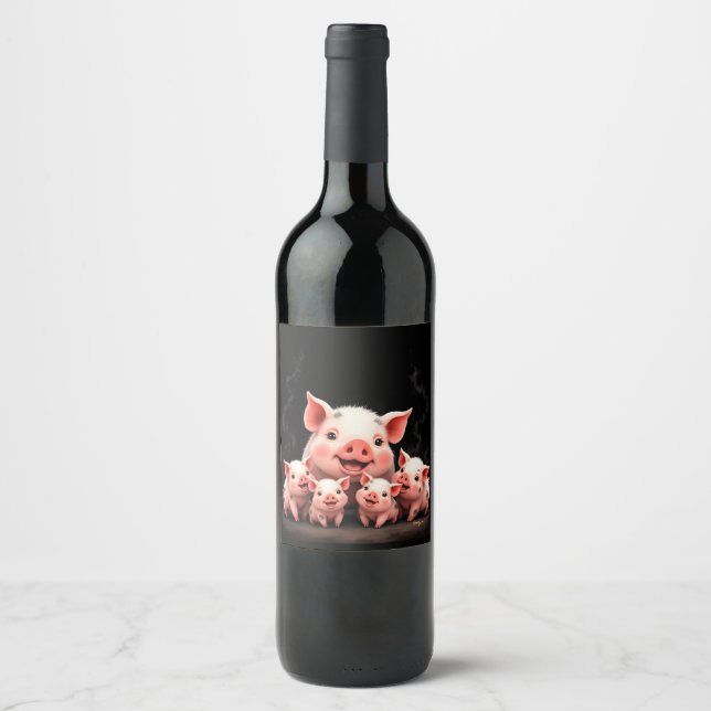 Étiquette Pour Bouteilles De Vin Œuvre d'art porcine – Truie et porcelets (Devant)