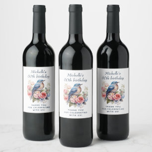 Étiquette Pour Bouteilles De Vin Oiseau Bleu Fleurs Roses 60e Anniversaire