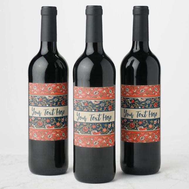 Étiquette Pour Bouteilles De Vin Oiseau et fleurs Perse Motif bleu rouge (Bouteilles)