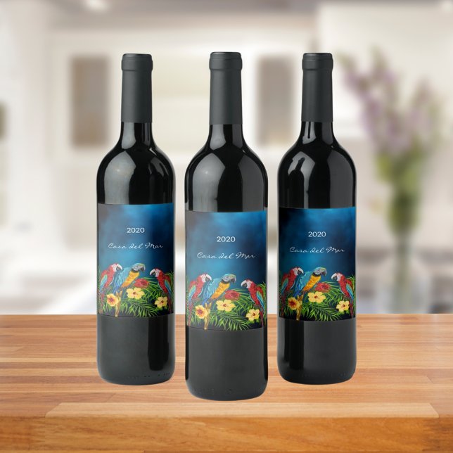Étiquette Pour Bouteilles De Vin Oiseaux de perroquets bustes tropicaux (Créateur téléchargé)