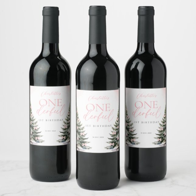 Étiquette Pour Bouteilles De Vin Onederland Winter Pink Bow 1st Birthday (Bouteilles)