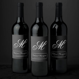 Étiquette Pour Bouteilles De Vin Onyx Black Velvet   Monogramme de hachage de table