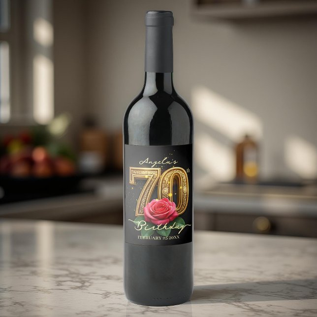 Étiquette Pour Bouteilles De Vin Opulent glamour Rose rouge or 70e anniversaire (Créateur téléchargé)
