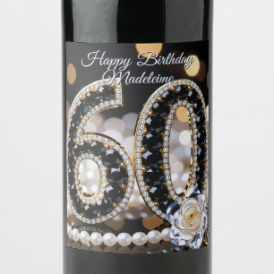 Étiquette Pour Bouteilles De Vin Or Noir Diamants Perles Rose Blanche 60e Anniversa