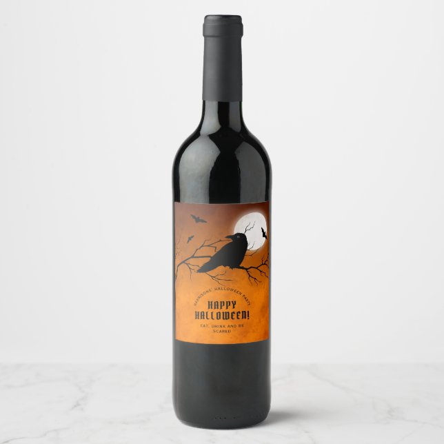 Étiquette Pour Bouteilles De Vin Orange Black Raven Bats Pleine lune Halloween Part (Devant)
