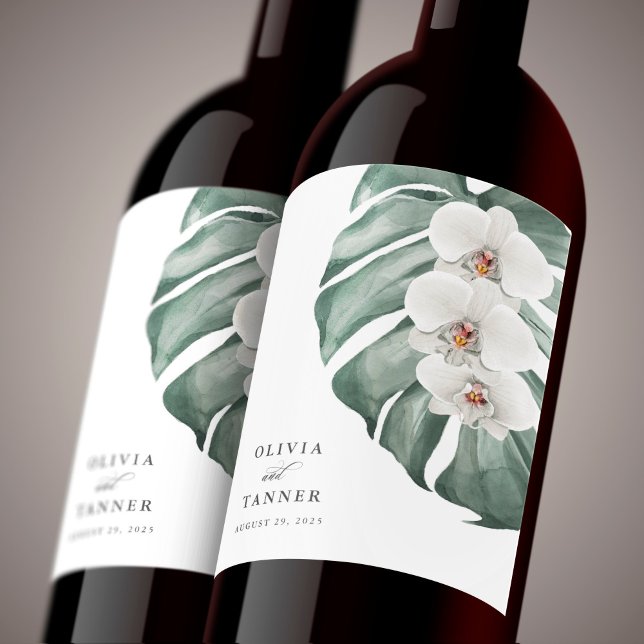 Étiquette Pour Bouteilles De Vin Orchidées blanches sur Monstera Tropical Paradise (Créateur téléchargé)