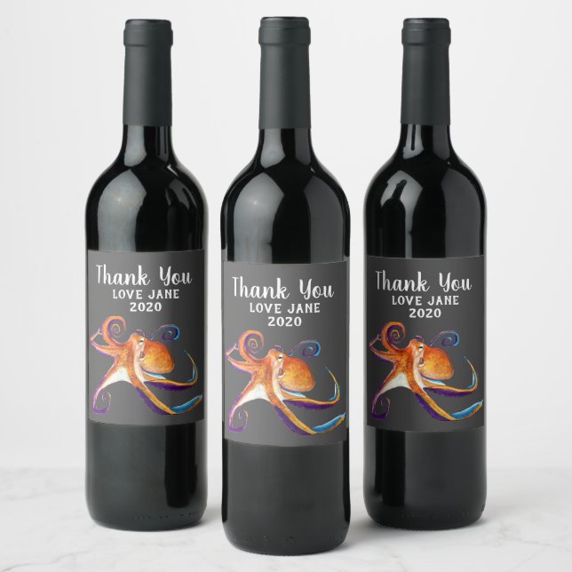 Étiquette Pour Bouteilles De Vin Otopus vie marine aquarelle art (Bouteilles)