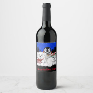 Étiquette Pour Bouteilles De Vin Ours polaire de Noël du Pôle Nord, Penguin, phoque