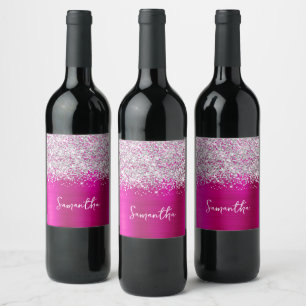 Étiquette Pour Bouteilles De Vin Pailleté Argent Rose Chaud Nom de Script Glam
