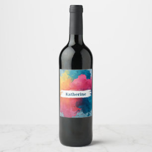 Étiquette Pour Bouteilles De Vin Paint à l'aquarelle vive avec nom personnalisé