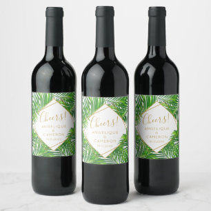 Étiquette Pour Bouteilles De Vin Palm Tropical Vert et Or Géométrique