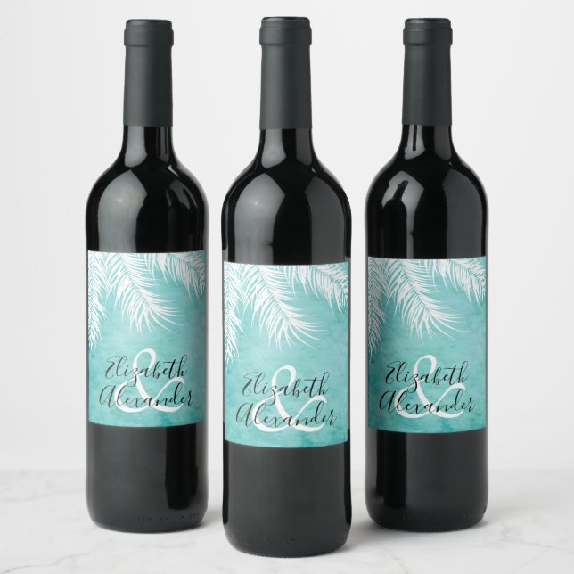 Étiquette Pour Bouteilles De Vin Palmes blanches sur Mariage Turquoise Personnalisé (Bouteilles)