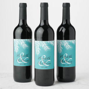 Étiquette Pour Bouteilles De Vin Palmiers blancs sur Mariage Arrière - plan turquoi