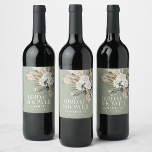 Étiquette Pour Bouteilles De Vin Pampas douche nuptiale sauge vert moderne élégant