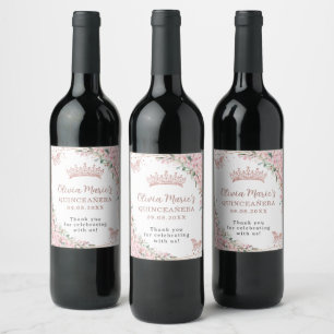 Étiquette Pour Bouteilles De Vin Papillons aux fleurs de cerisier rose Rose Or