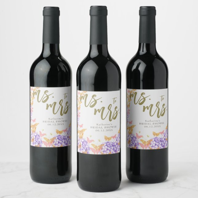Étiquette Pour Bouteilles De Vin Papillons Boho Hydrangeas Fête des mariées violett (Bouteilles)