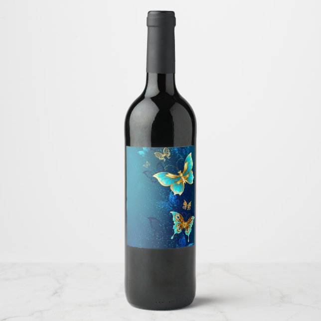 Étiquette Pour Bouteilles De Vin Papillons d'or sur un Arrière - plan bleu (Devant)