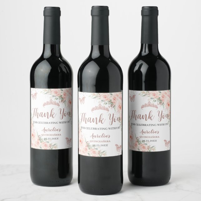 Étiquette Pour Bouteilles De Vin Papillons Roses d'or Quinceañera Blush Floral (Bouteilles)
