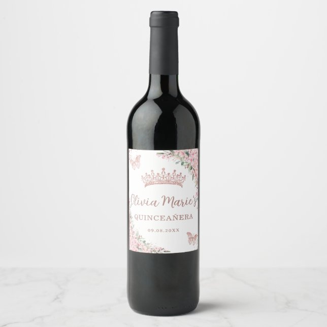 Étiquette Pour Bouteilles De Vin Papillons Roses en fleurs de cerisier Quinceañera (Devant)