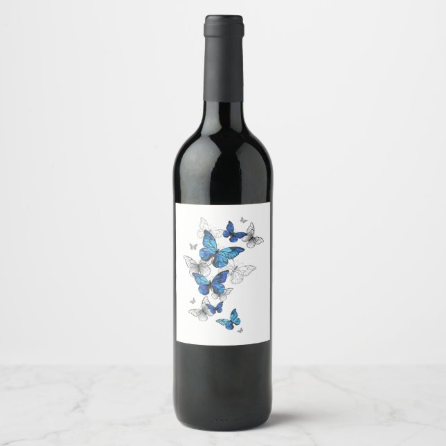 Étiquette Pour Bouteilles De Vin Papillons volants bleus Morpho (Devant)
