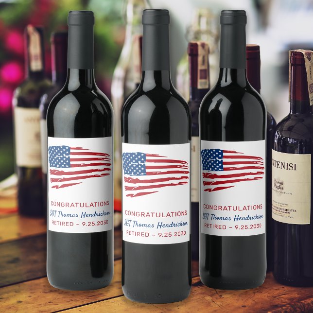 Étiquette Pour Bouteilles De Vin Parti de retraite militaire drapeau américain patr (Créateur téléchargé)