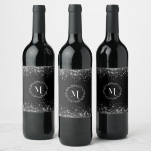 Étiquette Pour Bouteilles De Vin Parties scintillant Argent Et Noir Élégant Monogra
