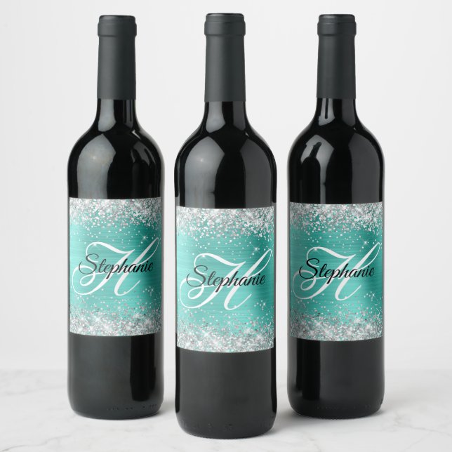 Étiquette Pour Bouteilles De Vin Parties scintillant d'argent Turquoise Foil Fancy  (Bouteilles)