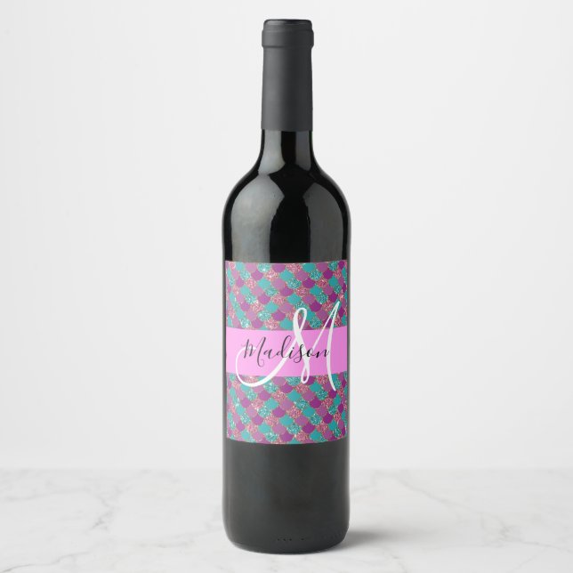 Étiquette Pour Bouteilles De Vin Parties scintillant de sirène violette Turquoise É (Devant)