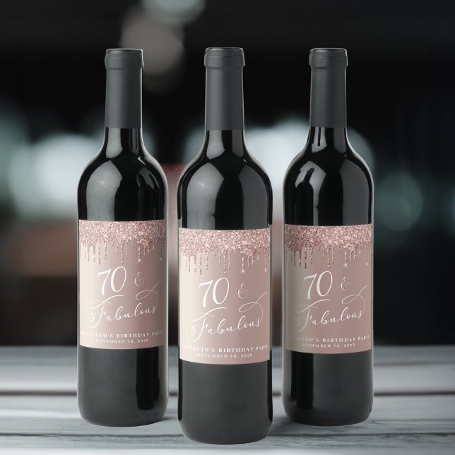 Étiquette Pour Bouteilles De Vin Parties scintillant d'or rose 70e fête d'anniversa (Créateur téléchargé)