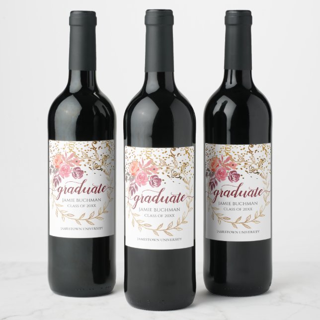 Étiquette Pour Bouteilles De Vin Parties scintillant d'or rose Floral Graduate (Bouteilles)