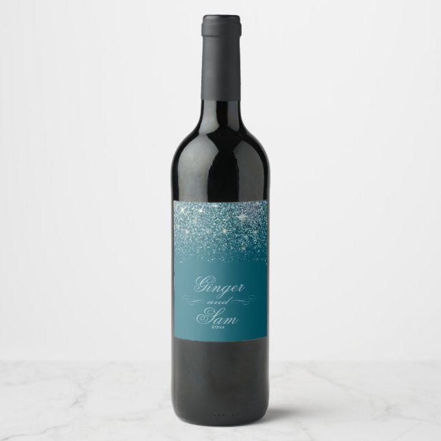 Étiquette Pour Bouteilles De Vin Parties scintillant glamour, Turquoise (Devant)