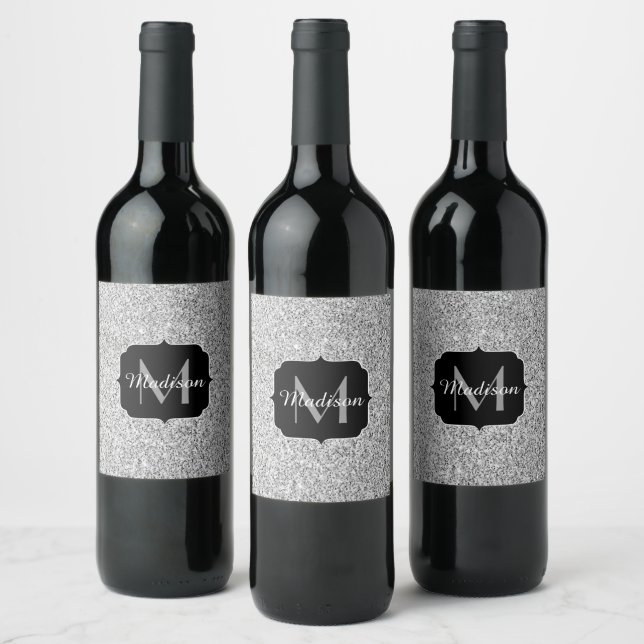 Étiquette Pour Bouteilles De Vin Parties scintillant gris argent scintille Monogram (Bouteilles)