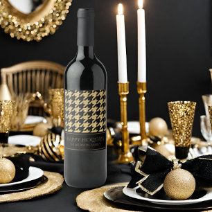 Étiquette Pour Bouteilles De Vin Parties scintillant Noir & Or Houndstooth Joyeux V
