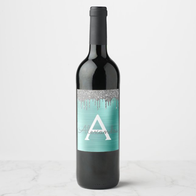 Étiquette Pour Bouteilles De Vin Parties scintillant Turquoise argentée en métal br (Devant)