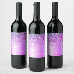 Étiquette Pour Bouteilles De Vin Parties scintillant violet Glam Nom du monogramme