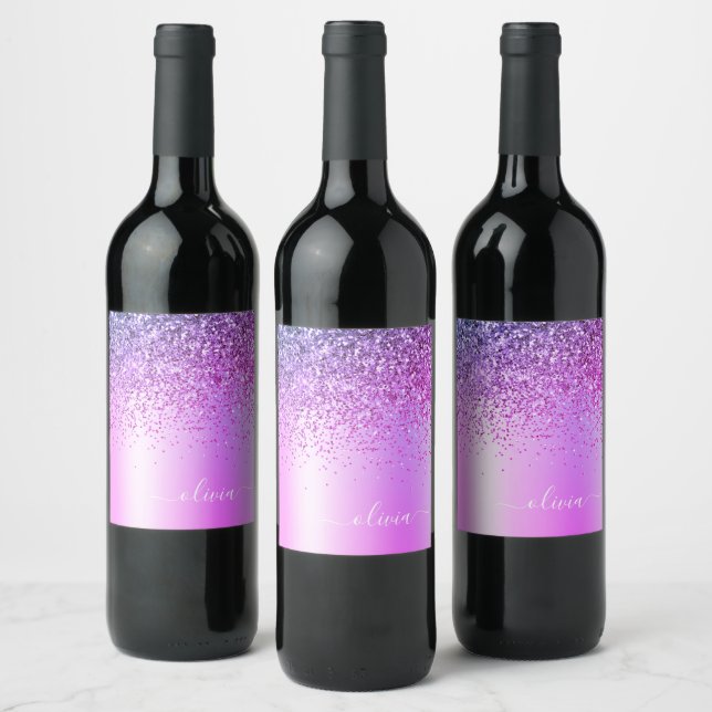 Étiquette Pour Bouteilles De Vin Parties scintillant violet Glam Nom du monogramme  (Bouteilles)