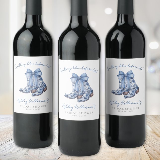 Étiquette Pour Bouteilles De Vin Pays Bleu Bow Cowboy Fête des mariées (Country Blue Bow Cowboy Bridal Shower Wine Label )